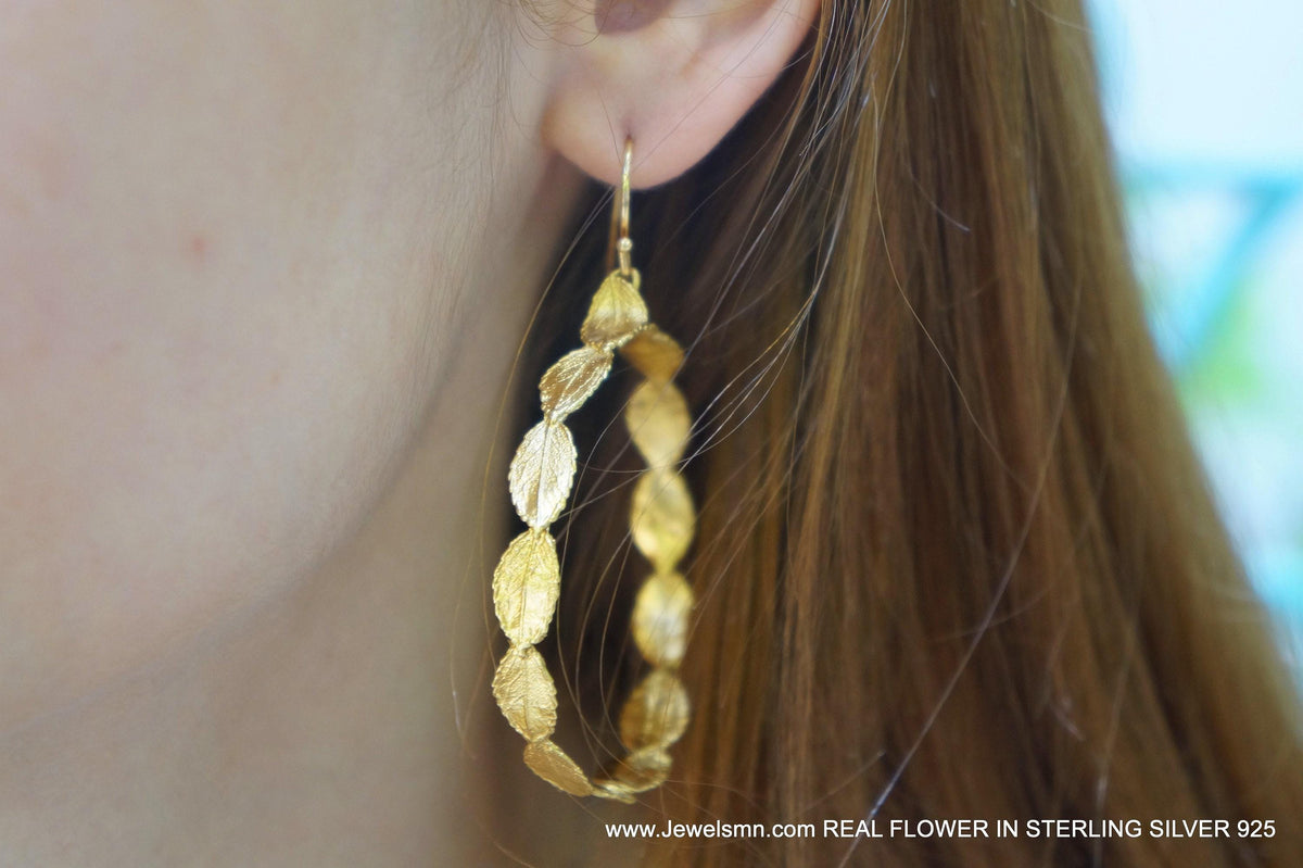 Delicate Rose Leaf Hoop Earrings: Tiny Botanical Gold Hoops Recycled Brass