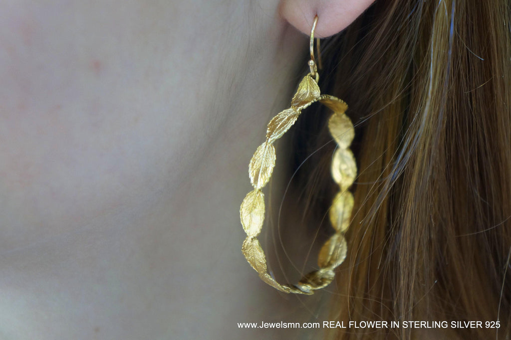 Delicate Rose Leaf Hoop Earrings: Tiny Botanical Gold Hoops Recycled Brass