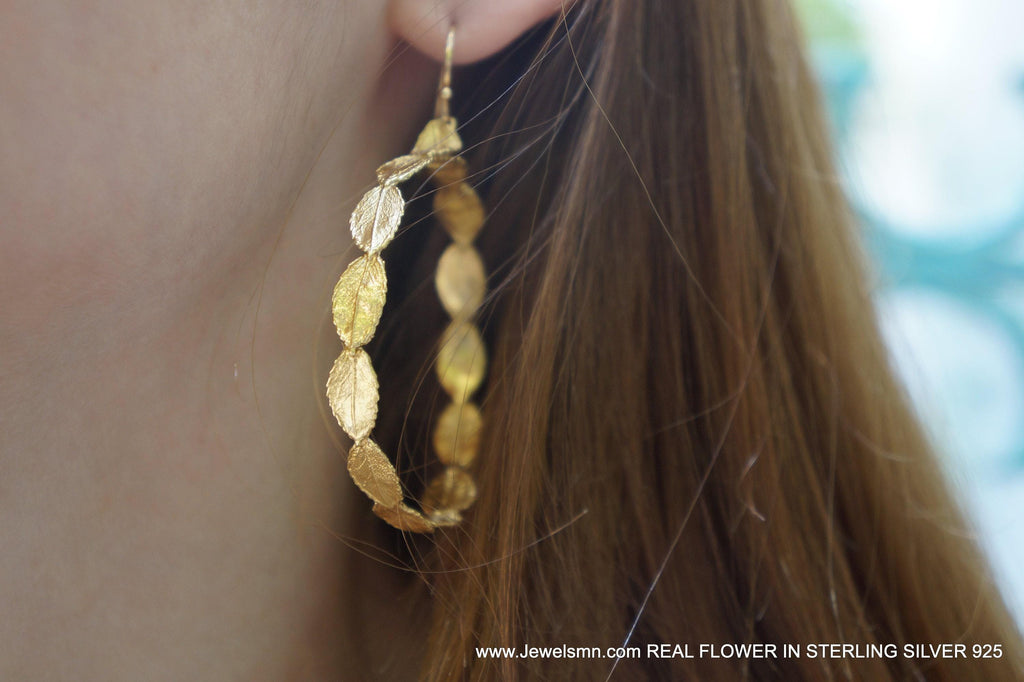 Delicate Rose Leaf Hoop Earrings: Tiny Botanical Gold Hoops Recycled Brass