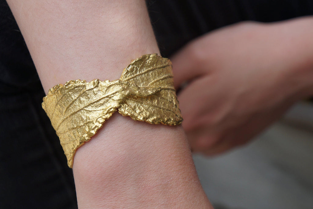 Gold Hibiscus Leaf Bracelet, Handmade Statement Jewelry, Organic Forest Cuff, Gift for Luck & Purity, Eco Sustainable Brass