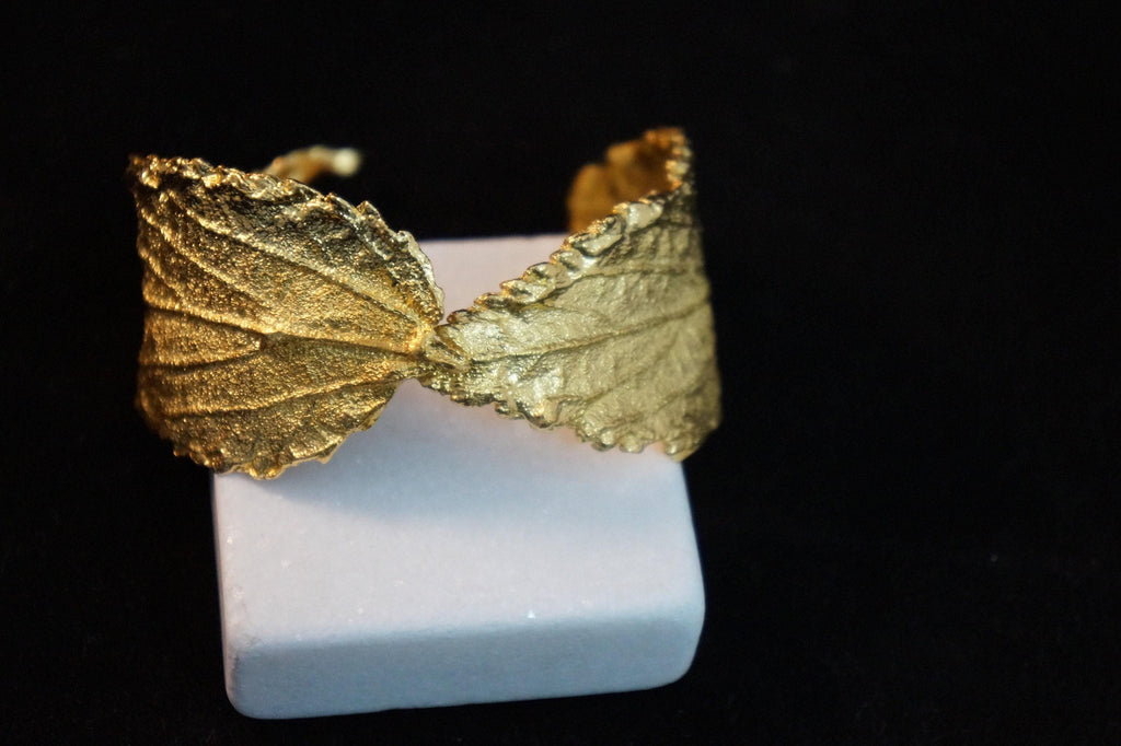 Gold Hibiscus Leaf Bracelet, Handmade Statement Jewelry, Organic Forest Cuff, Gift for Luck & Purity, Eco Sustainable Brass