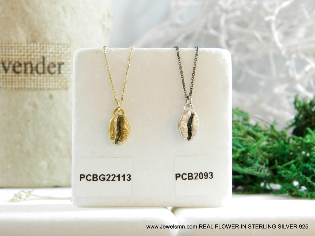 Gold Coffee Necklace, Sterling Silver Jewelry, Gold-Plated Silver Necklace, Silver Pendant, Coffee Bean Charm, Silver Charm