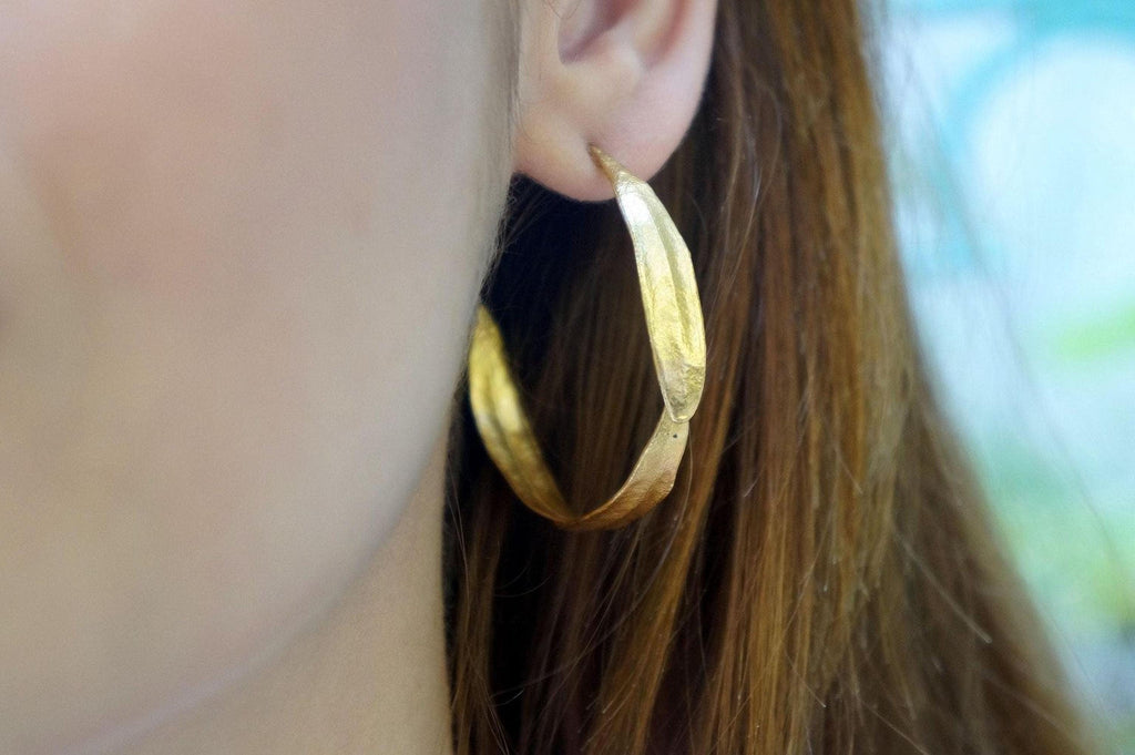 Real Olive Leaf Gold Earrings, Handmade Nature Jewelry, Organic Boho Hoops, Gift for Success & Health, Eco Sustainable Brass