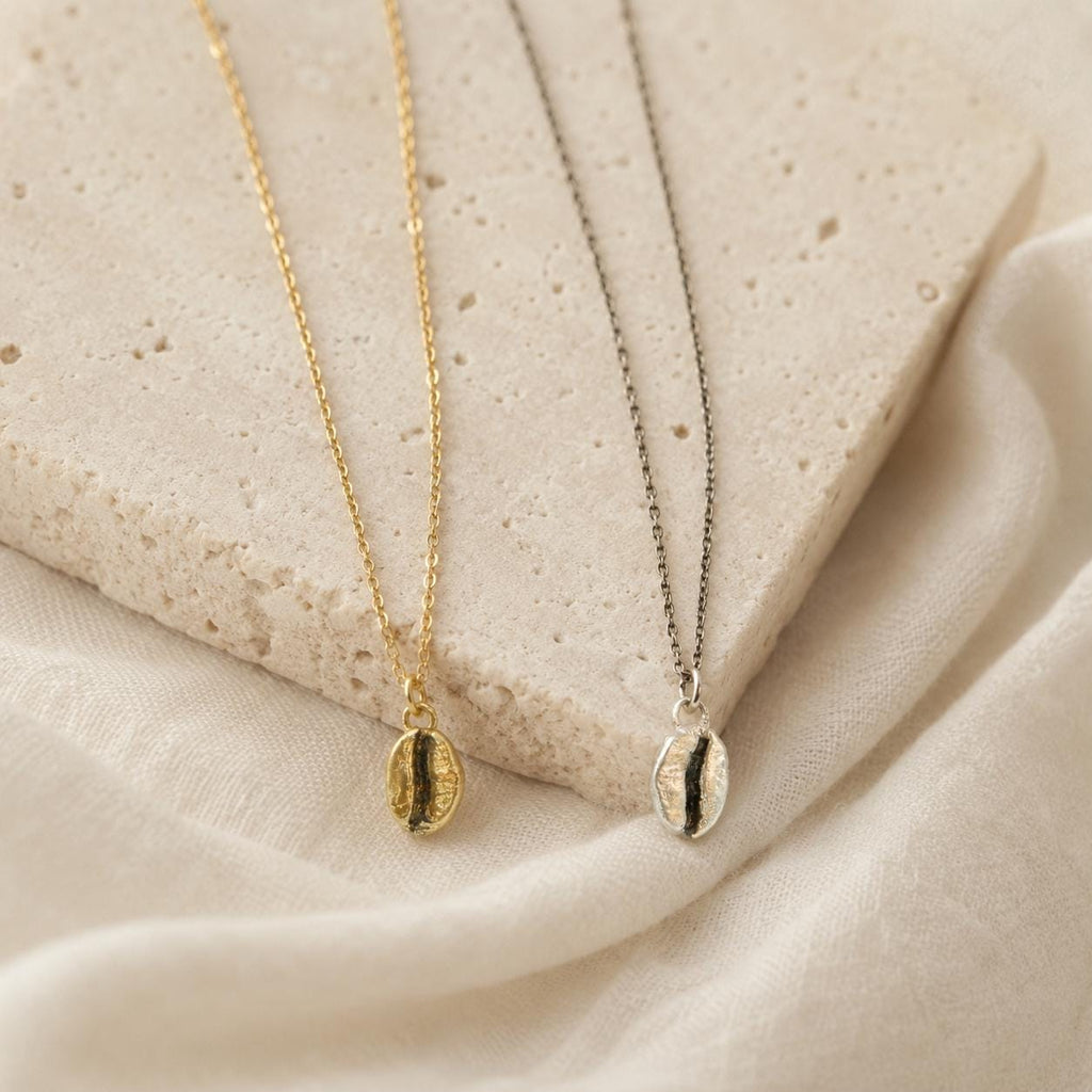 Gold Coffee Necklace, Sterling Silver Jewelry, Gold-Plated Silver Necklace, Silver Pendant, Coffee Bean Charm, Silver Charm